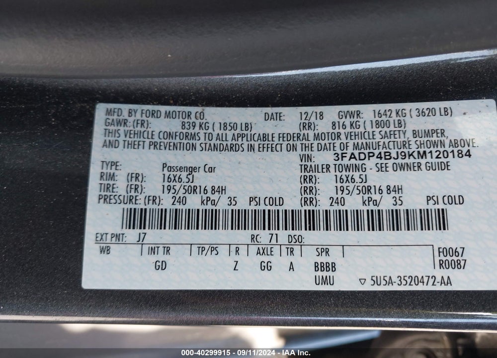 2019 FORD FIESTA SE VIN: 3FADP4BJ9KM120184