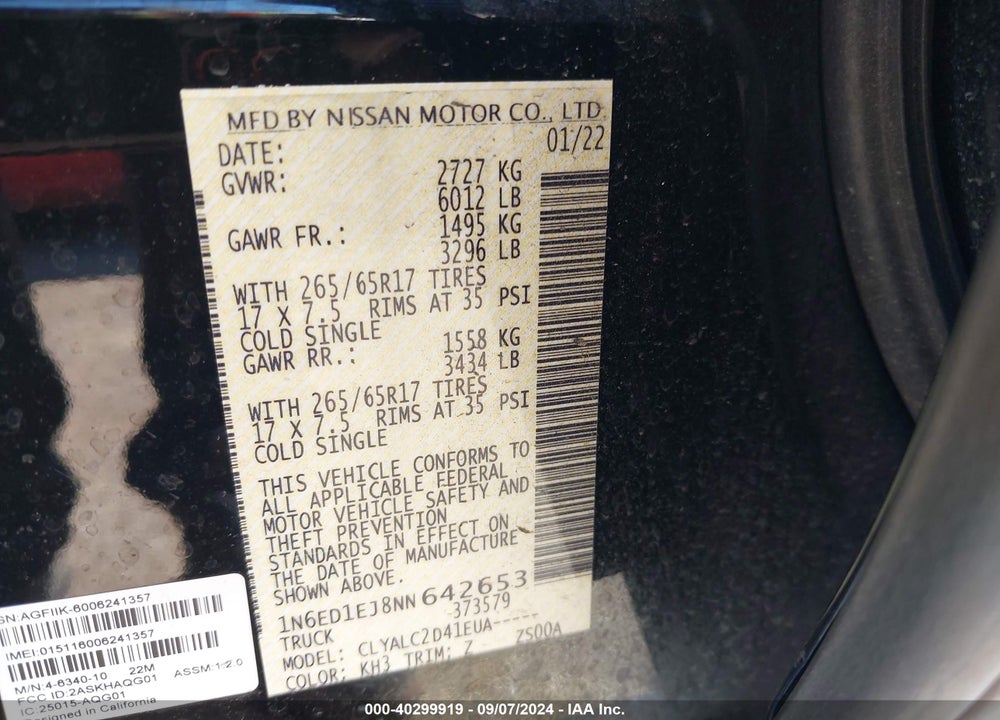 2022 NISSAN FRONTIER VIN: 1N6ED1EJ8NN642653