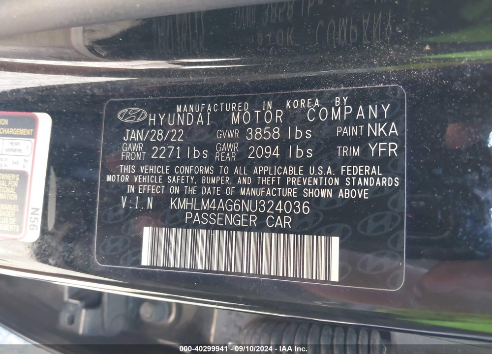 2022 HYUNDAI ELANTRA SEL VIN: KMHLM4AG6NU324036