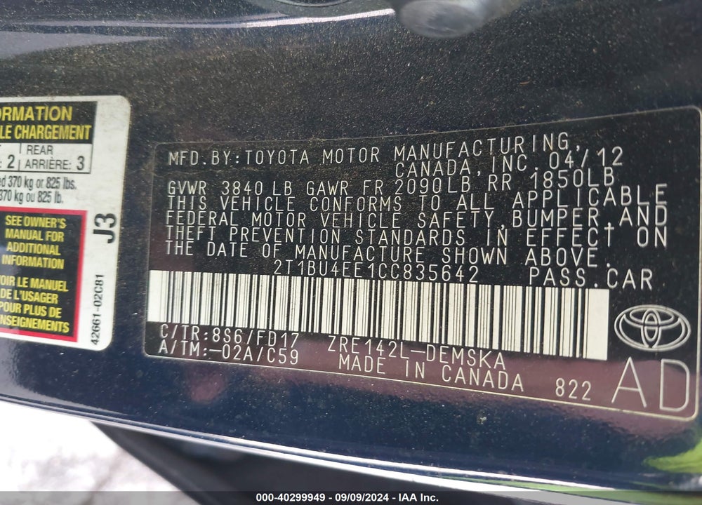 2012 TOYOTA COROLLA S VIN: 2T1BU4EE1CC835642