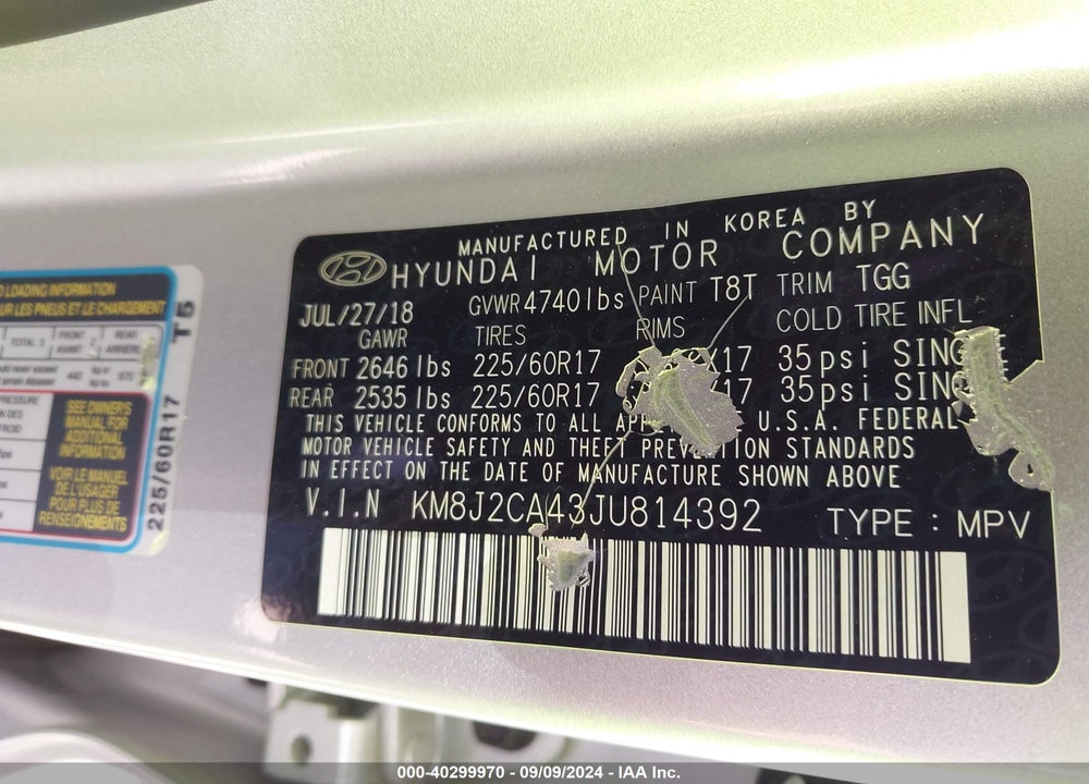 2018 HYUNDAI TUCSON SE VIN: KM8J2CA43JU814392