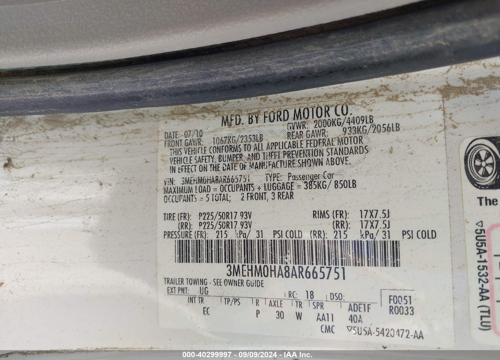 2010 MERCURY MILAN VIN: 3MEHM0HA8AR665751