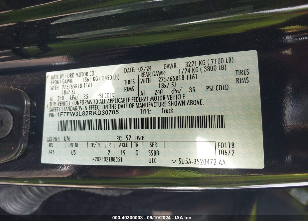 2024 FORD F-150 XLT VIN: 1FTFW3L82RKD30705