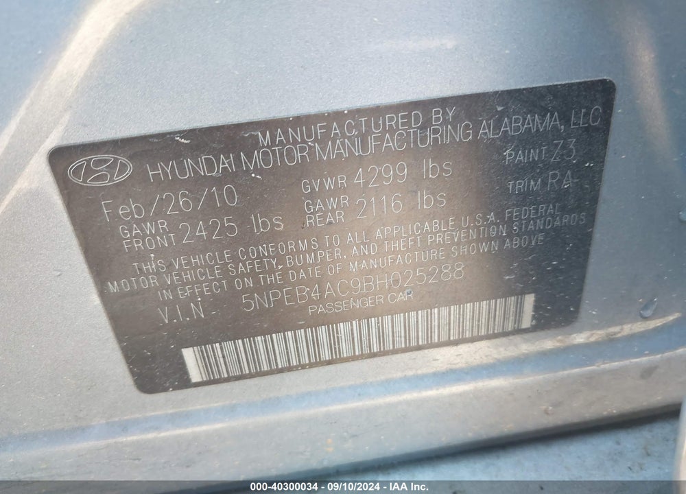 2011 HYUNDAI SONATA GLS VIN: 5NPEB4AC9BH025288
