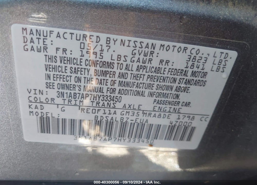 2017 NISSAN SENTRA S VIN: 3N1AB7AP7HY333450