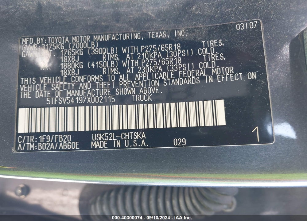 2007 TOYOTA TUNDRA SR5 5.7L V8 VIN: 5TFSV54197X002115