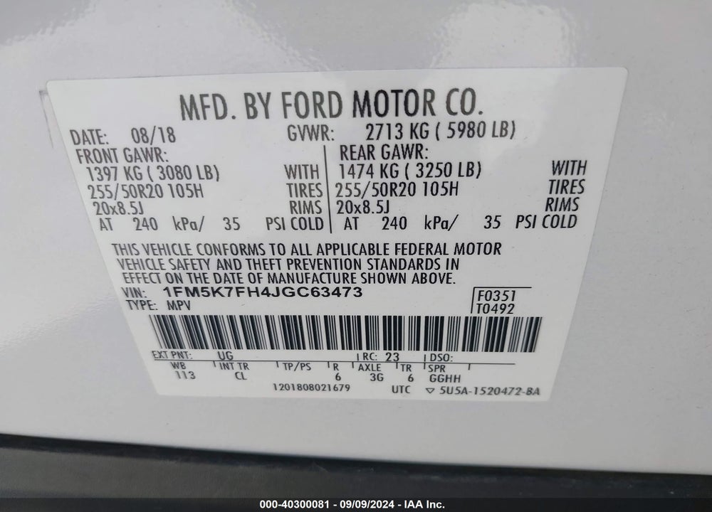 2018 FORD EXPLORER LIMITED VIN: 1FM5K7FH4JGC63473