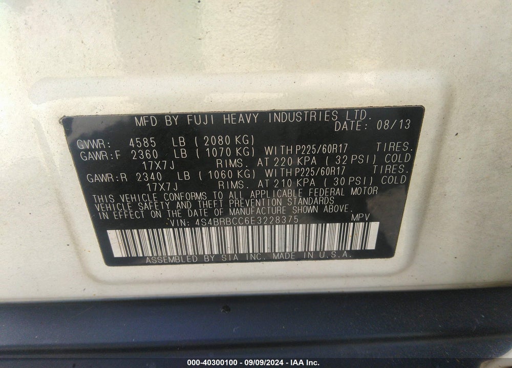 2014 SUBARU OUTBACK 2.5I PREMIUM VIN: 4S4BRBCC6E3228375