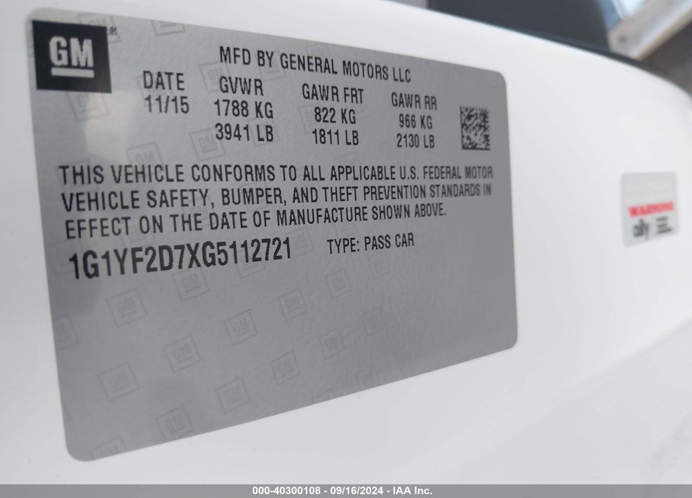 2016 CHEVROLET CORVETTE STINGRAY VIN: 1G1YF2D7XG5112721