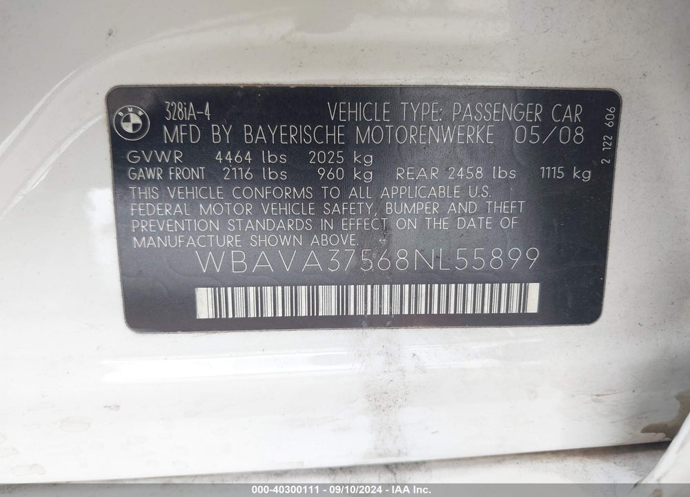 2008 BMW 328I VIN: WBAVA37568NL55899