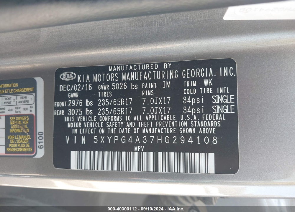 2017 KIA SORENTO 2.4L LX VIN: 5XYPG4A37HG294108