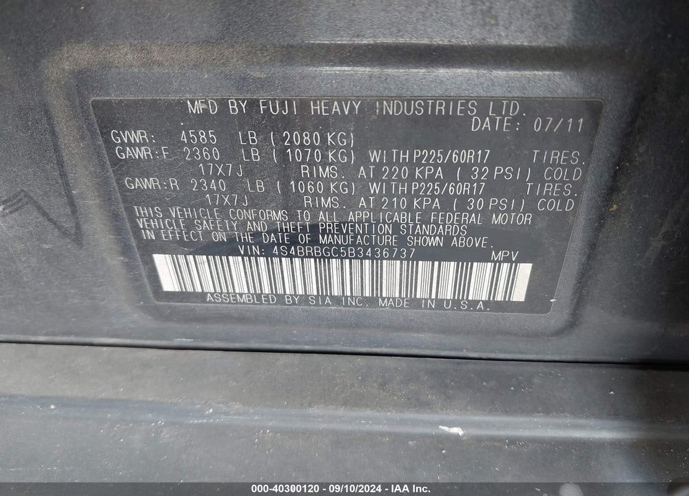 2011 SUBARU OUTBACK 2.5I PREMIUM VIN: 4S4BRBGC5B3436737
