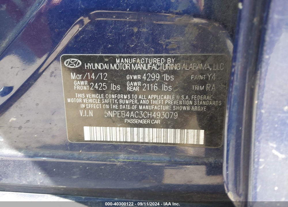 2012 HYUNDAI SONATA GLS VIN: 5NPEB4AC3CH493079