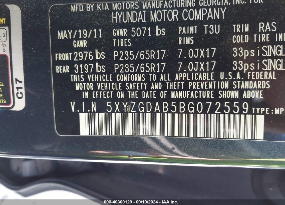 2011 HYUNDAI SANTA FE GLS VIN: 5XYZGDAB5BG072559