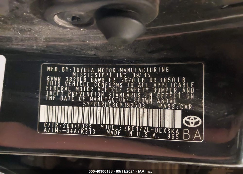 2016 TOYOTA COROLLA S PLUS VIN: 5YFBURHE8GP392503