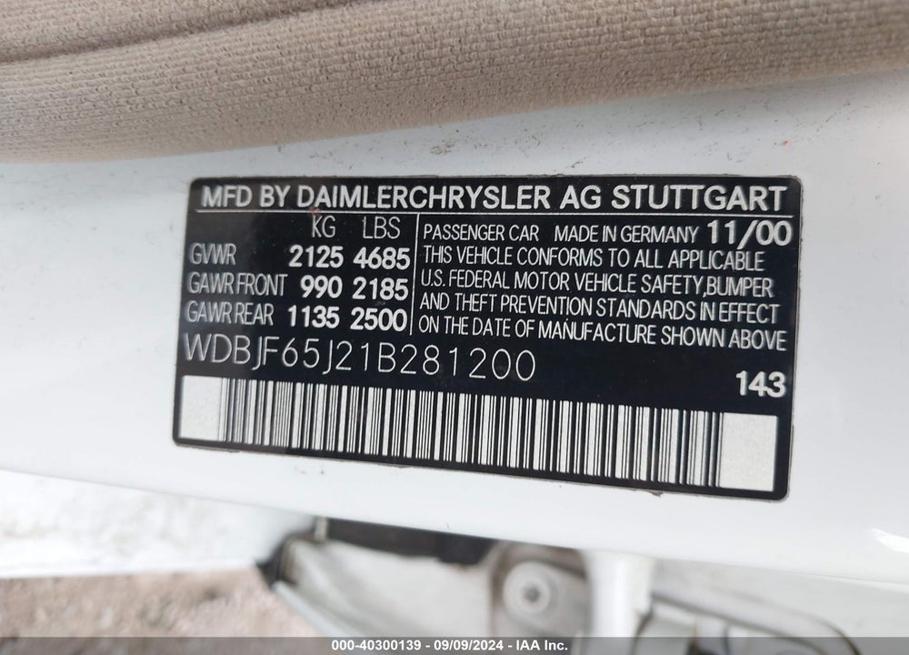 2001 MERCEDES-BENZ E 320 VIN: WDBJF65J21B281200