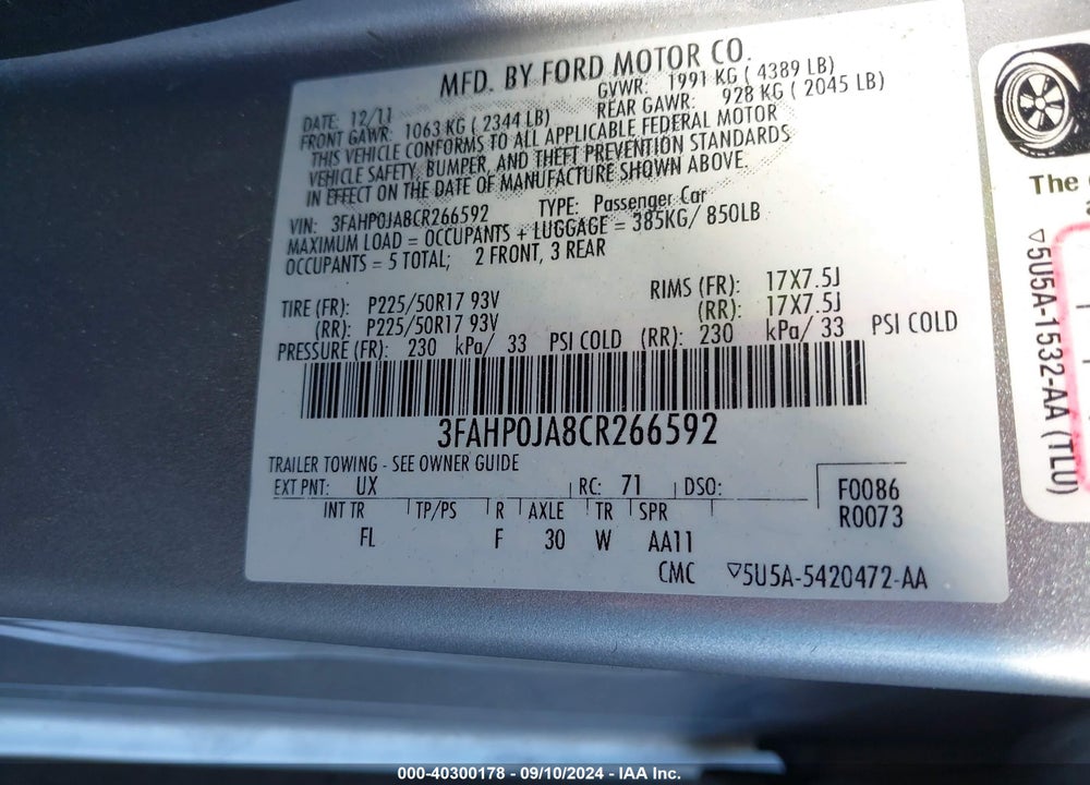 2012 FORD FUSION SEL VIN: 3FAHP0JA8CR266592