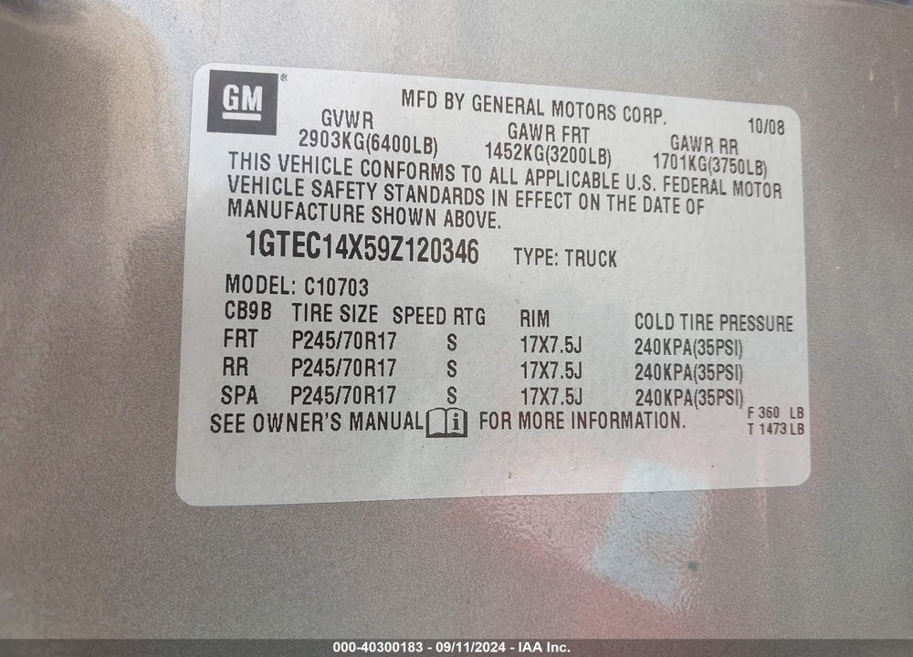 2009 GMC SIERRA 1500 WORK TRUCK VIN: 1GTEC14X59Z120346
