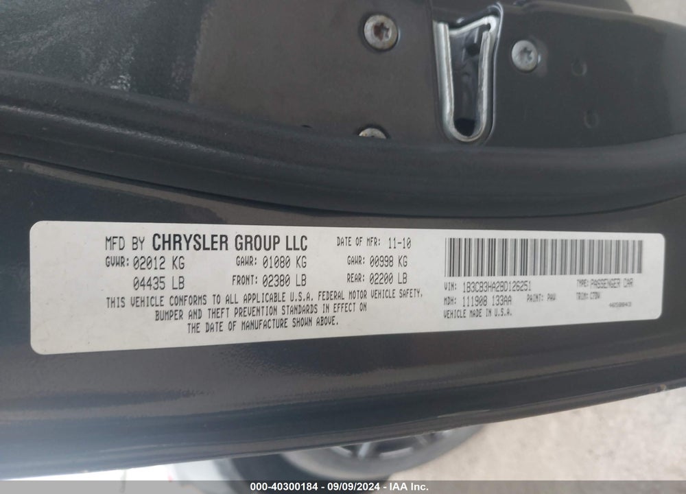2011 DODGE CALIBER MAINSTREET VIN: 1B3CB3HA2BD126251