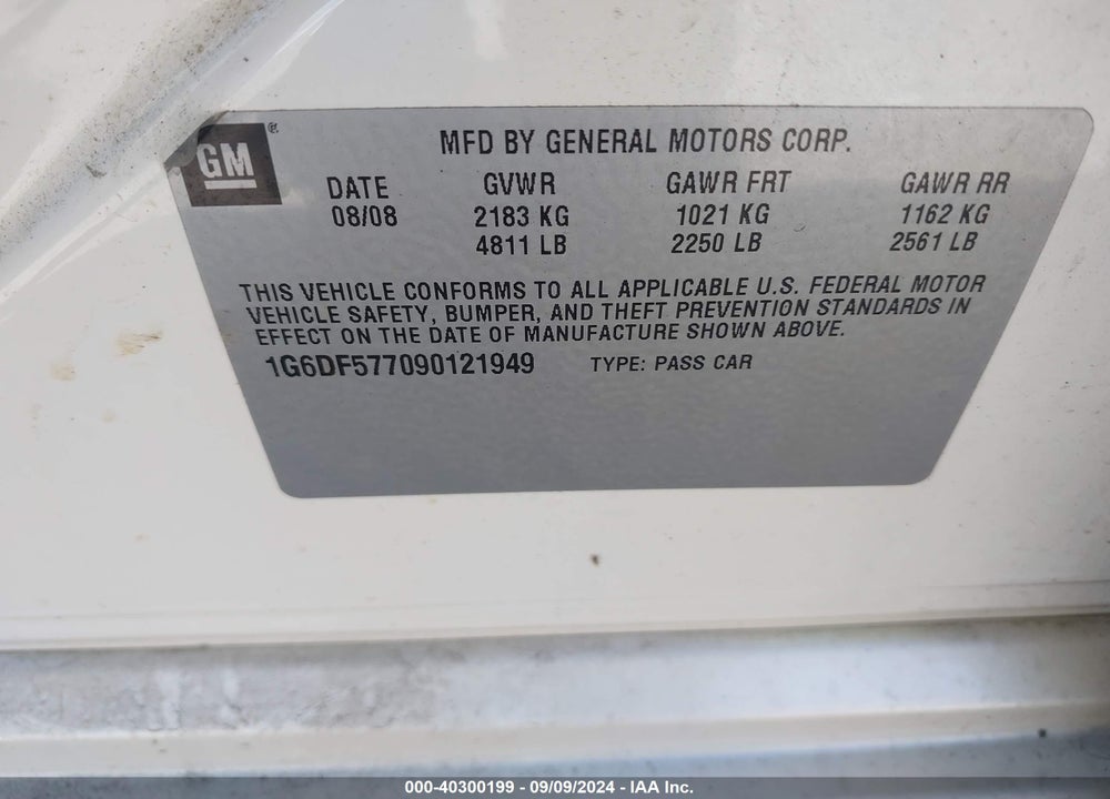 2009 CADILLAC CTS STANDARD VIN: 1G6DF577090121949
