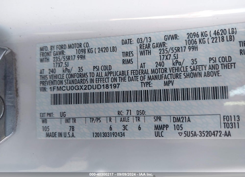 2013 FORD ESCAPE SE VIN: 1FMCU0GX2DUD18197