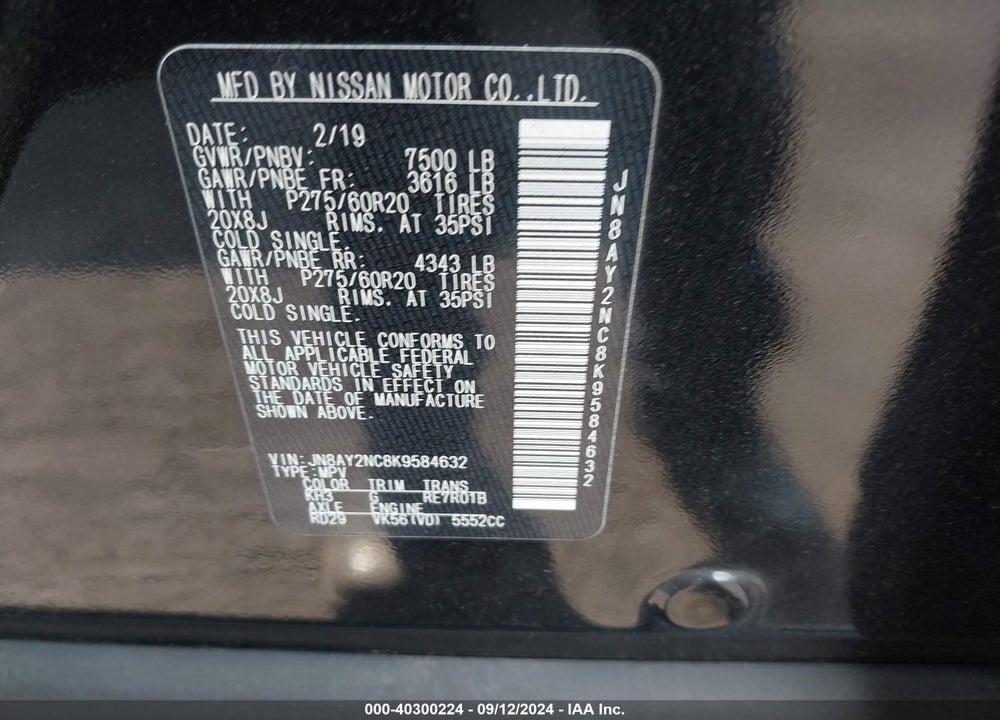 2019 NISSAN ARMADA PLATINUM VIN: JN8AY2NC8K9584632
