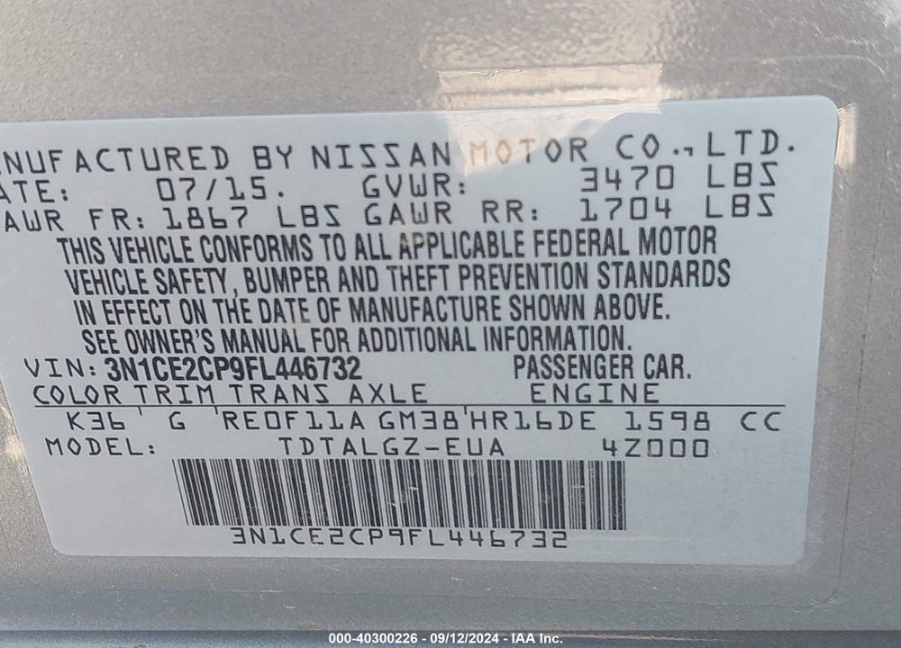 2015 NISSAN VERSA NOTE SR VIN: 3N1CE2CP9FL446732