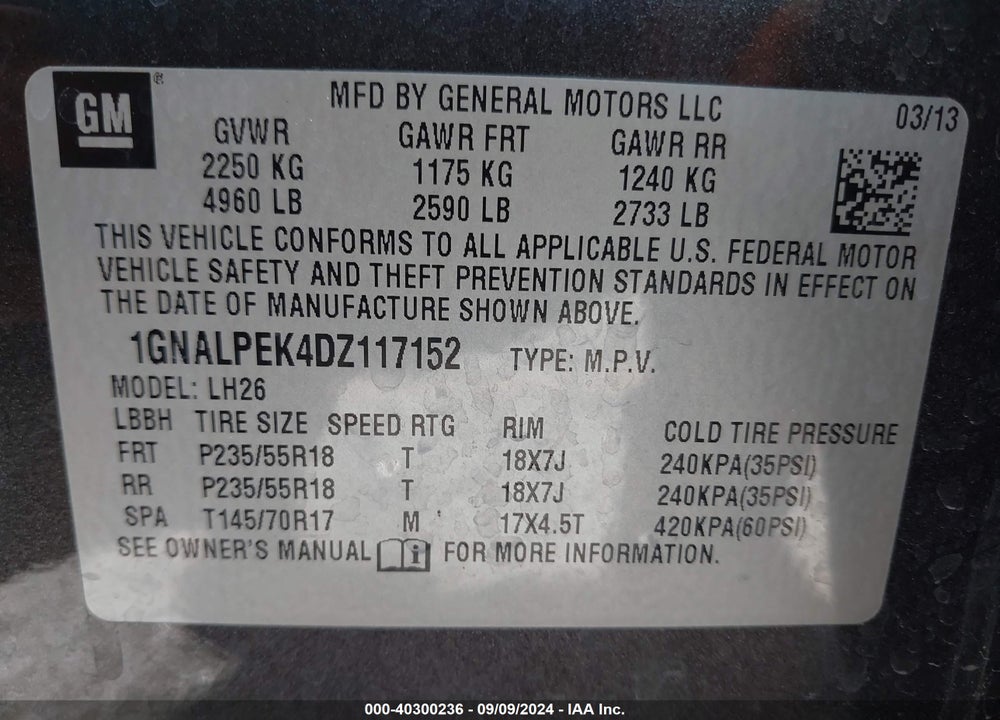 2013 CHEVROLET EQUINOX 2LT VIN: 1GNALPEK4DZ117152