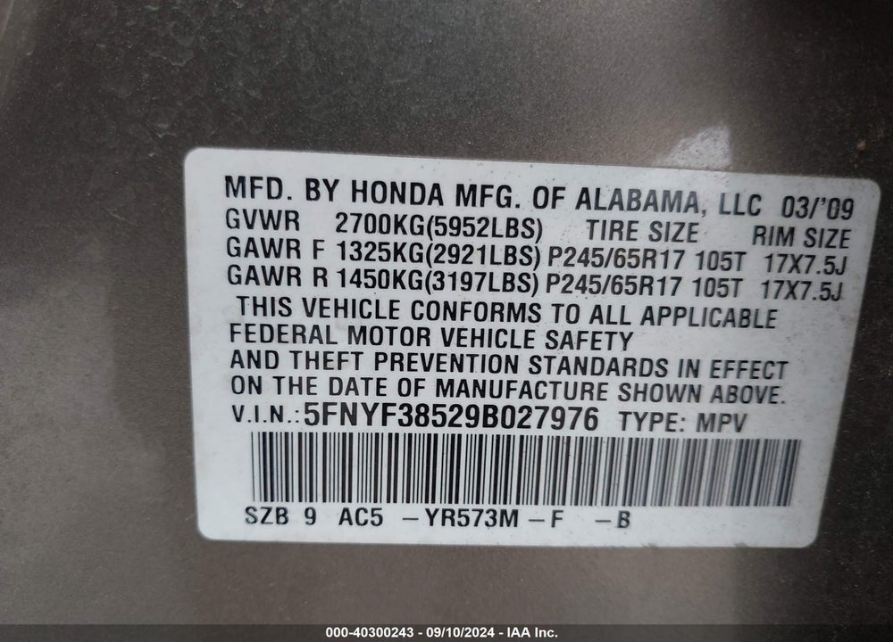2009 HONDA PILOT EX-L VIN: 5FNYF38529B027976