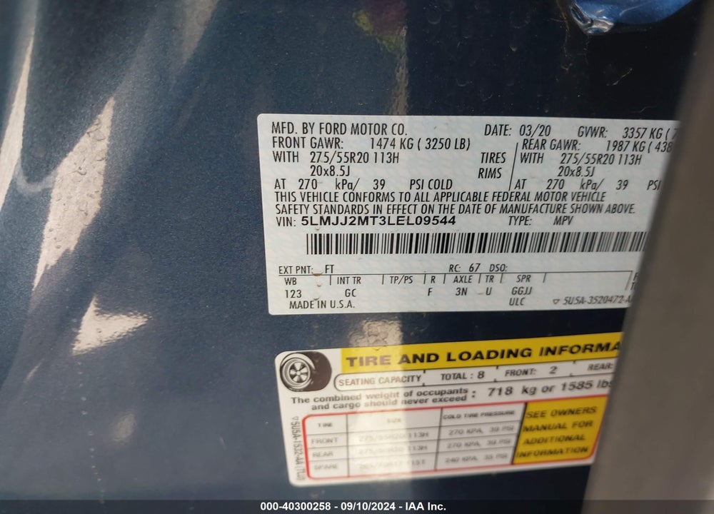 2020 LINCOLN NAVIGATOR STANDARD VIN: 5LMJJ2MT3LEL09544