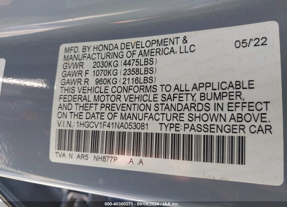 2022 HONDA ACCORD SPORT SPECIAL EDITION VIN: 1HGCV1F41NA053081