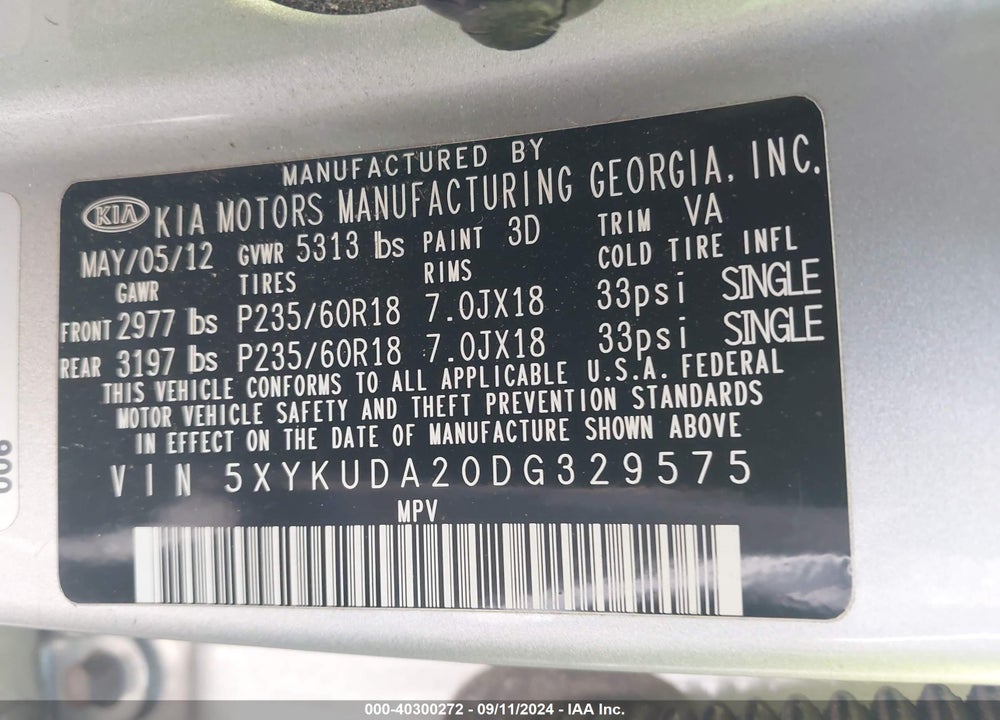 2013 KIA SORENTO EX V6 VIN: 5XYKUDA20DG329575