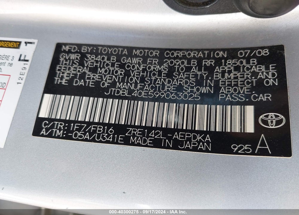 2009 TOYOTA COROLLA VIN: JTDBL40E599063025