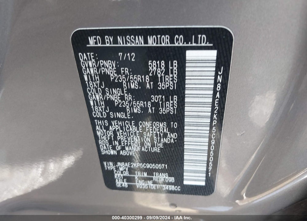 2012 NISSAN QUEST SL VIN: JN8AE2KP5C9050571