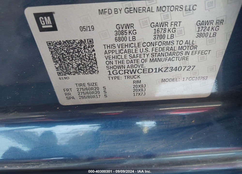 2019 CHEVROLET SILVERADO 1500 LT VIN: 1GCRWCED1KZ340727
