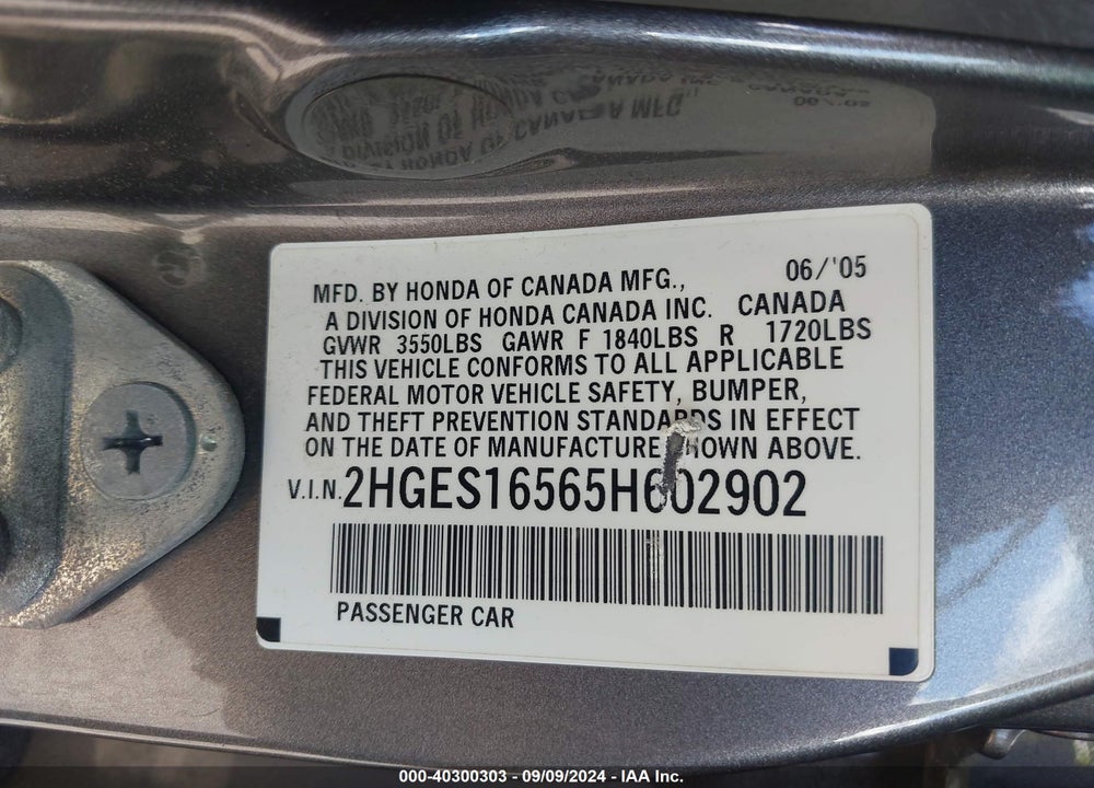 2005 HONDA CIVIC LX VIN: 2HGES16565H602902
