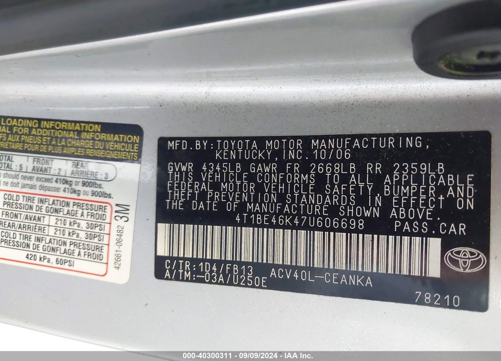 2007 TOYOTA CAMRY LE VIN: 4T1BE46K47U606698