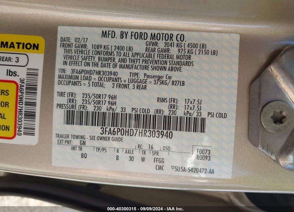 2017 FORD FUSION SE VIN: 3FA6P0HD7HR303940