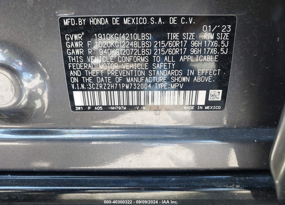2023 HONDA HR-V AWD EX-L VIN: 3CZRZ2H71PM732004