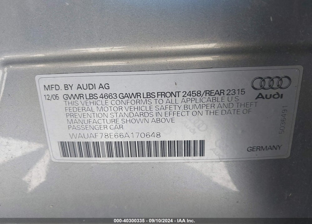 2006 AUDI A4 2.0T VIN: WAUAF78E66A170648