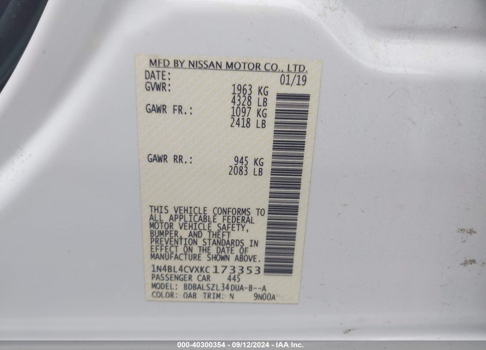 2019 NISSAN ALTIMA 2.5 SR VIN: 1N4BL4CVXKC173353