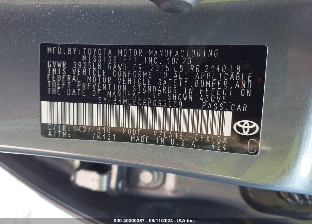 2024 TOYOTA COROLLA LE VIN: 5YFB4MDE0RP093969