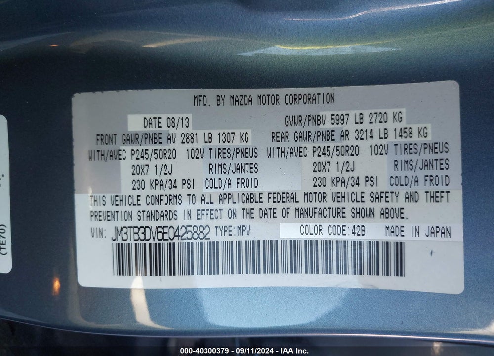 2014 MAZDA CX-9 GRAND TOURING VIN: JM3TB3DV6E0425882