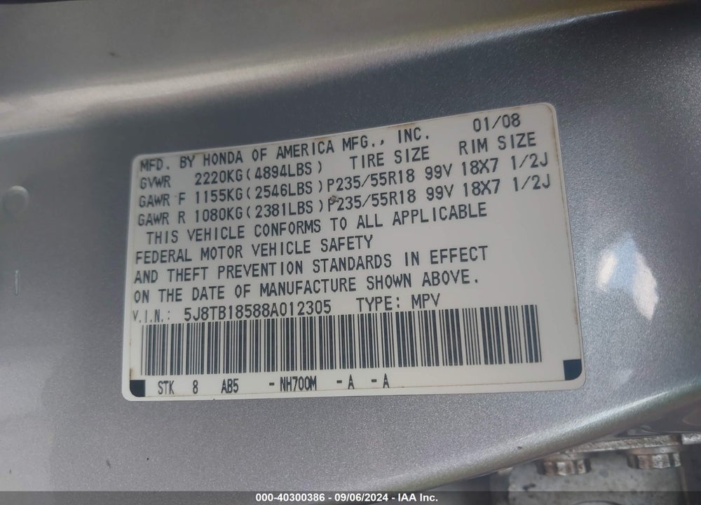 2008 ACURA RDX VIN: 5J8TB18588A012305