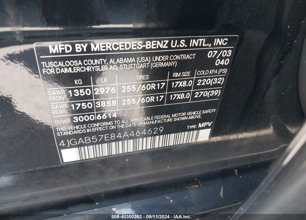 2004 MERCEDES-BENZ ML 350 4MATIC VIN: 4JGAB57E84A464629