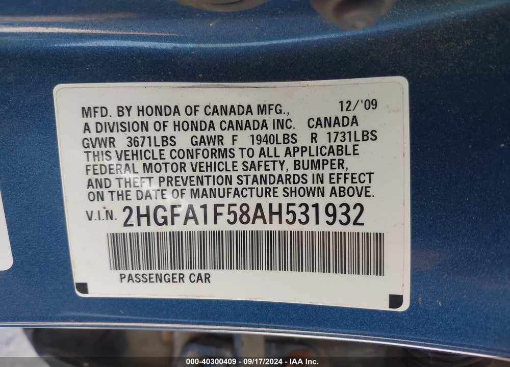 2010 HONDA CIVIC LX VIN: 2HGFA1F58AH531932