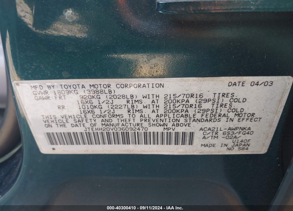 2003 TOYOTA RAV4 VIN: JTEHH20V036092470
