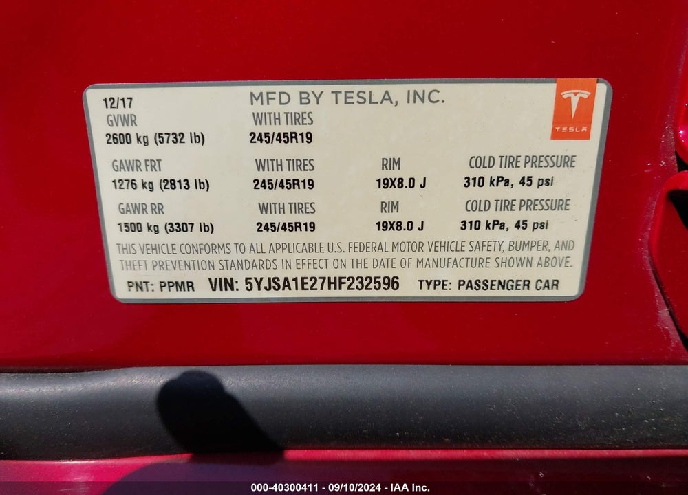 2017 TESLA MODEL S 100D/60D/75D/90D/P100D VIN: 5YJSA1E27HF232596