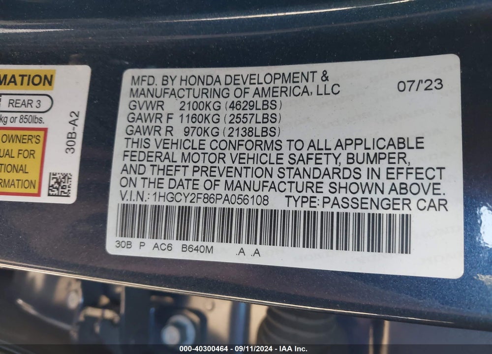 2023 HONDA ACCORD HYBRID TOURING VIN: 1HGCY2F86PA056108