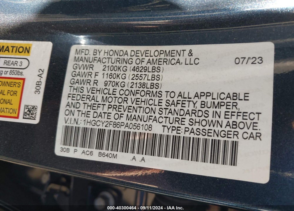 2023 HONDA ACCORD HYBRID TOURING VIN: 1HGCY2F86PA056108